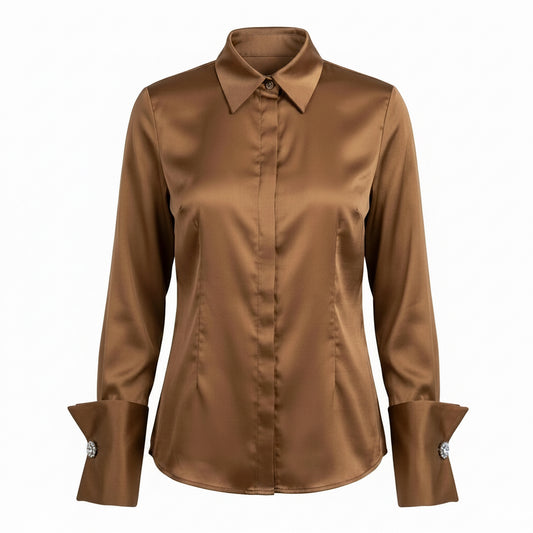 BLUSA DE CUELLO ALTO CON MANCUERNILLAS CAFÉ | PRIMAVERA-VERANO | COLECCIÓN HILOS INVISIBLES by PAOLA NÁJERA