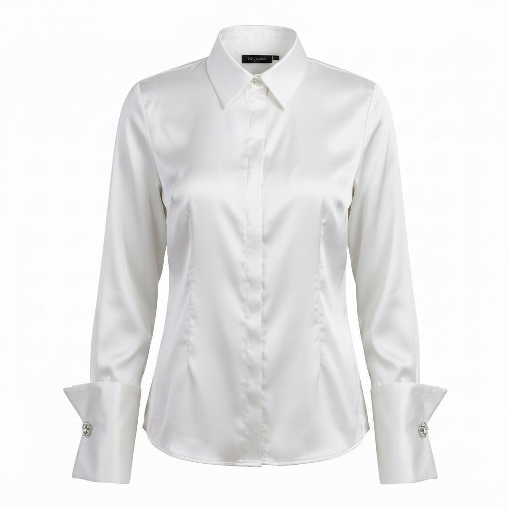 BLUSA DE CUELLO ALTO CON MANCUERNILLAS BLANCA | PRIMAVERA-VERANO | COLECCIÓN HILOS INVISIBLES by PAOLA NÁJERA