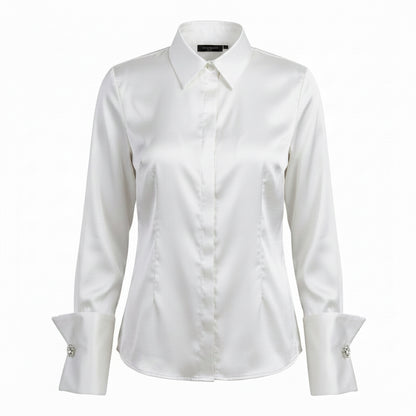 BLUSA DE CUELLO ALTO CON MANCUERNILLAS BLANCA | PRIMAVERA-VERANO | COLECCIÓN HILOS INVISIBLES by PAOLA NÁJERA