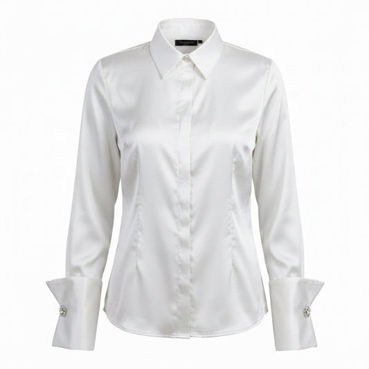 BLUSA DE CUELLO ALTO CON MANCUERNILLAS BLANCA | PRIMAVERA-VERANO | COLECCIÓN HILOS INVISIBLES by PAOLA NÁJERA