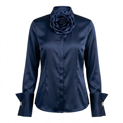 BLUSA DE CUELLO ALTO CON MANCUERNILLAS AZUL MARINO | PRIMAVERA-VERANO | COLECCIÓN HILOS INVISIBLES by PAOLA NÁJERA