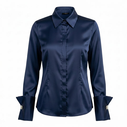 BLUSA DE CUELLO ALTO CON MANCUERNILLAS AZUL MARINO | PRIMAVERA-VERANO | COLECCIÓN HILOS INVISIBLES by PAOLA NÁJERA