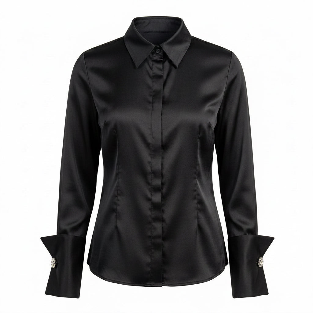 BLUSA DE CUELLO ALTO CON MANCUERNILLAS NEGRO | PRIMAVERA-VERANO | COLECCIÓN HILOS INVISIBLES by PAOLA NÁJERA