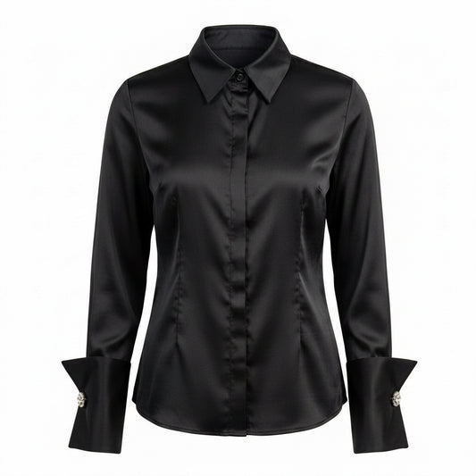 BLUSA DE CUELLO ALTO CON MANCUERNILLAS NEGRO | PRIMAVERA-VERANO | COLECCIÓN HILOS INVISIBLES by PAOLA NÁJERA